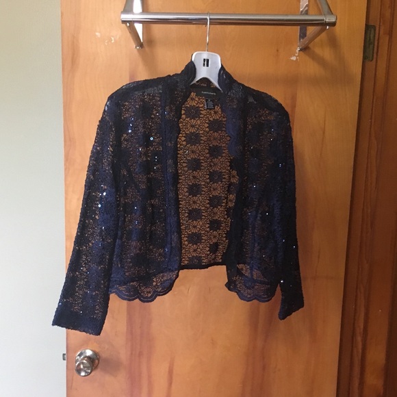 R & M Richards Tops - Navy Blue Lace and Sparkly 3/4 Sleeve Coverup